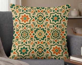 Moroccan Pillow Cover, Geometric Boho Accent With Faux Gold Print, Mediterranean Style Living Room Decor, Housewarming Gift