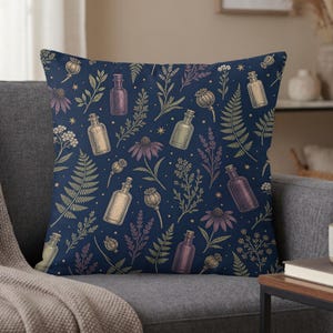 Cottagecore Botanical Herbs Pillow Case, Witchy Apothecary Decor, Dark Academia Floral & Magic Bottle Design Gift