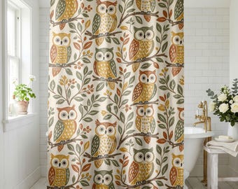 Woodland Owl Shower Curtain, Rustic Folk Art Owls Bathroom Decor Set With Bathmat, Water-Resistant Fabric, Ideal Housewarming Gift
