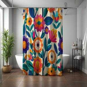 Colorful Floral Shower Curtain, 60s Retro Vibrant Print, Polyester Bath Decor, 71x74, Funky Retro Bathroom Decor