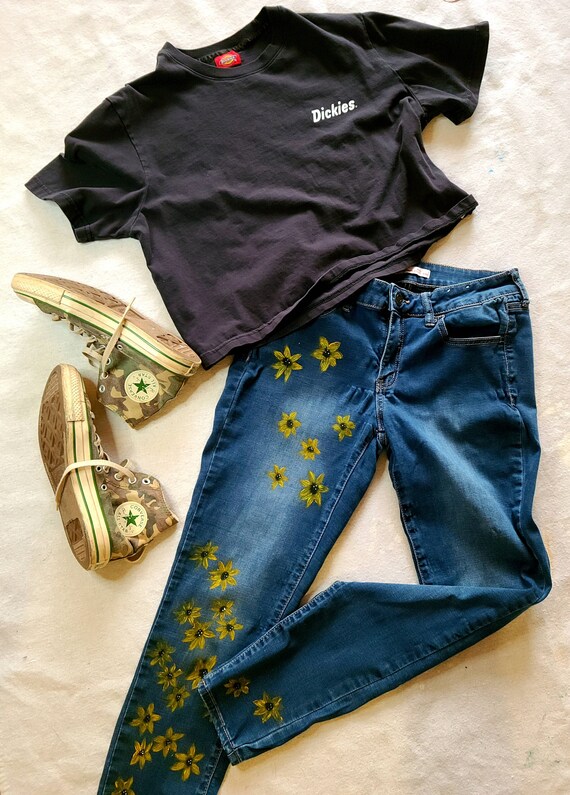 Hand Painted Flower Jeans Painted Blue Jeans Flower Child Etsy