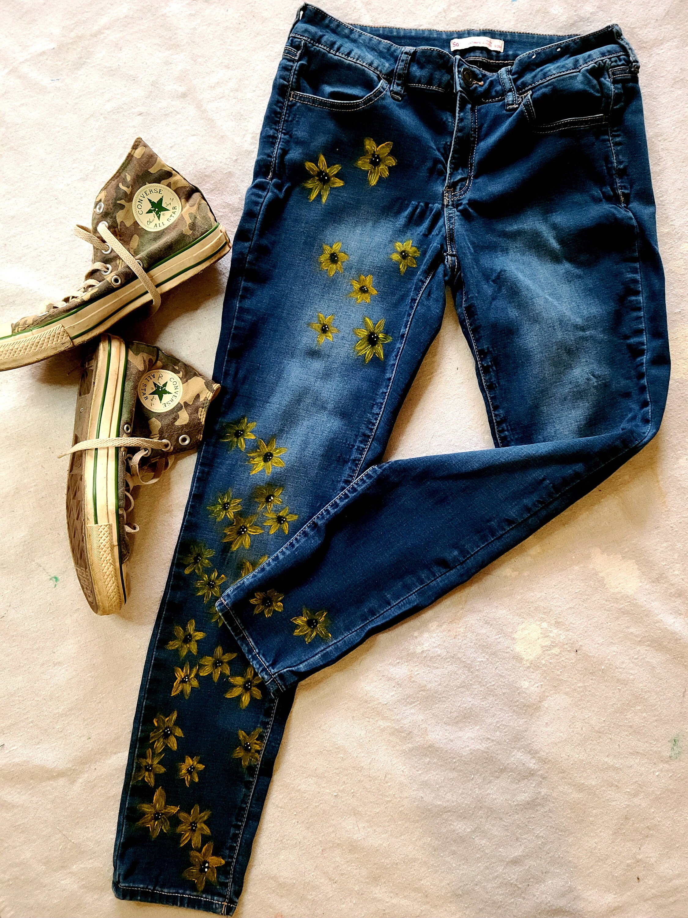 Hand Painted Flower Jeans Painted Blue Jeans Flower Child Etsy