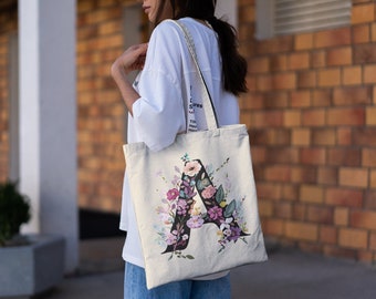 Custom Flower Gift Initial Tote Bag Personalized Lettering Gifts Customized Bridesmaids Tote Floral Lover Personal Botanical Gift Monogram