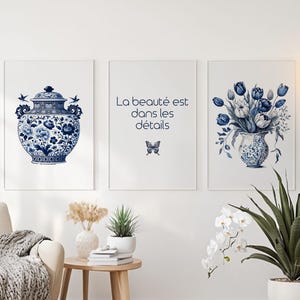 Juego de arte de pared chinoiserie personalizado / Póster con monograma Toile de Jouy / Decoración elegante vintage francesa para el hogar / Impresión estética coqueta para guardería
