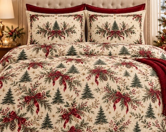 Christmas Duvet Cover Set, Vintage Red Bow Bedding, 100% Cotton, Evergreen Pine & Cranberry, Cottagecore Holiday Bedroom Decor