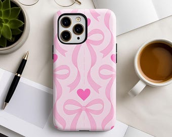 Pink Bows & Hot Pink Hearts Phone Case | Romantic Coquette Pattern