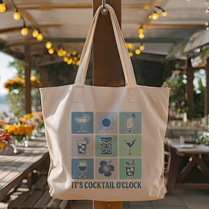 It’s Cocktail O’Clock Canvas Tote Bag – Coastal Aesthetic Beach Bag for Girls Trip, Summer Vacation, Poolside Fun or Bachelorette Gift