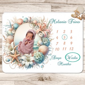 Manta personalizada con hitos costeros - Rastreador de crecimiento de bebé con sirena - Decoración de guardería oceánica - Regalo personalizado para baby shower con temática marina - Guirnalda de perlas