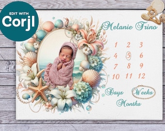 Custom Baby Milestone Blanket for Girl – Personalized Ocean Themed Monthly Photo Prop – Mermaid Name Blanket Baby Shower Gift for Newborn