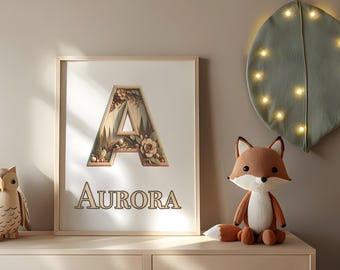 Pôster personalizado com nome inspirado na natureza - Decoração personalizada para quarto de bebê, arte com letras para berçário, pôster de parede com tema da natureza, presente para chá de bebê