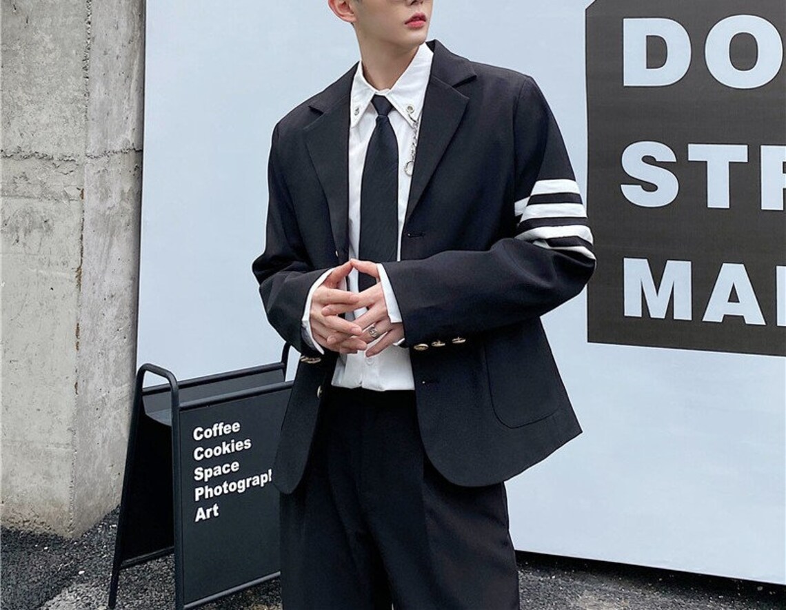Korean Styled Black Suit Jacket Man Blazer With Stipes on - Etsy