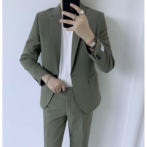 Shops Military Green Pantsuit, Designer Men Monotone Suit Jacket + Pants for Smart Casual/ Formal/ Gift for him