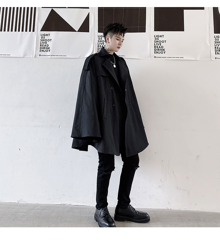 Black Men Cape Korean Fashion Cloak Coats Solid Color Loose - Etsy