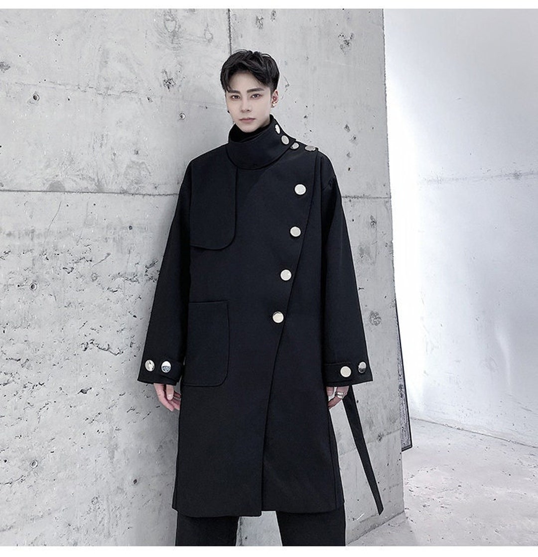Dark Long Coat Designer Man Loose Fit Big Buttons Trench Coat