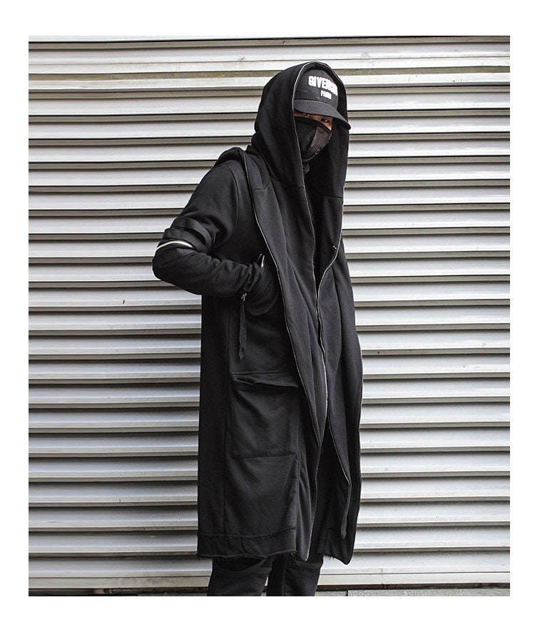 Men Black Techwear Cloak With Hood Fantasy Cape Dark Themed - Etsy