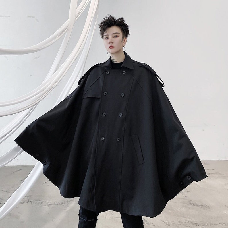 Black Men Cape Korean Fashion Cloak Coats Solid Color Loose - Etsy