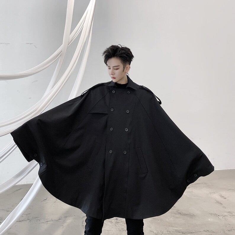 Black Men Cape Korean Fashion Cloak Coats Solid Color Loose - Etsy