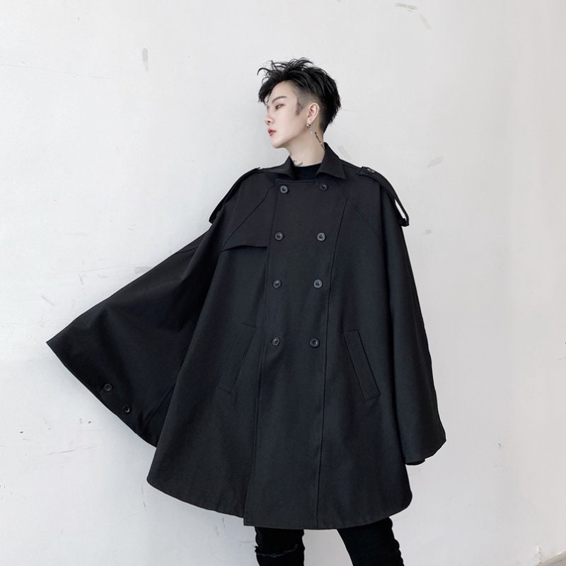 Black Men Cape Korean Fashion Cloak Coats Solid Color Loose | Etsy