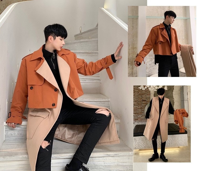 Orange Brown Trench Coat Detachable Two Layers Designer Man