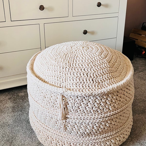 Crochet Boho Ibiza Footstool, pouf, boho decor, garden decor, bohemian decor, home decor. PDF pattern