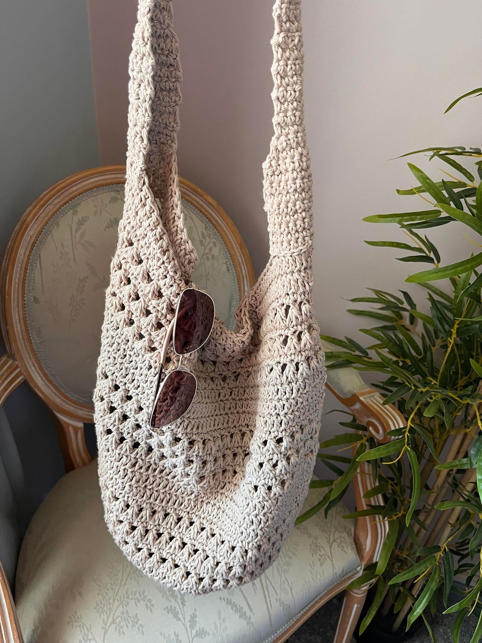 Crochet Bag With Paper Yarn,tote Bag in Tan, Large Knitted Paper Yarn Bag,  Handcrafted Bag in Tan Paper Yarn, Summer Casual Shoulder Bag 