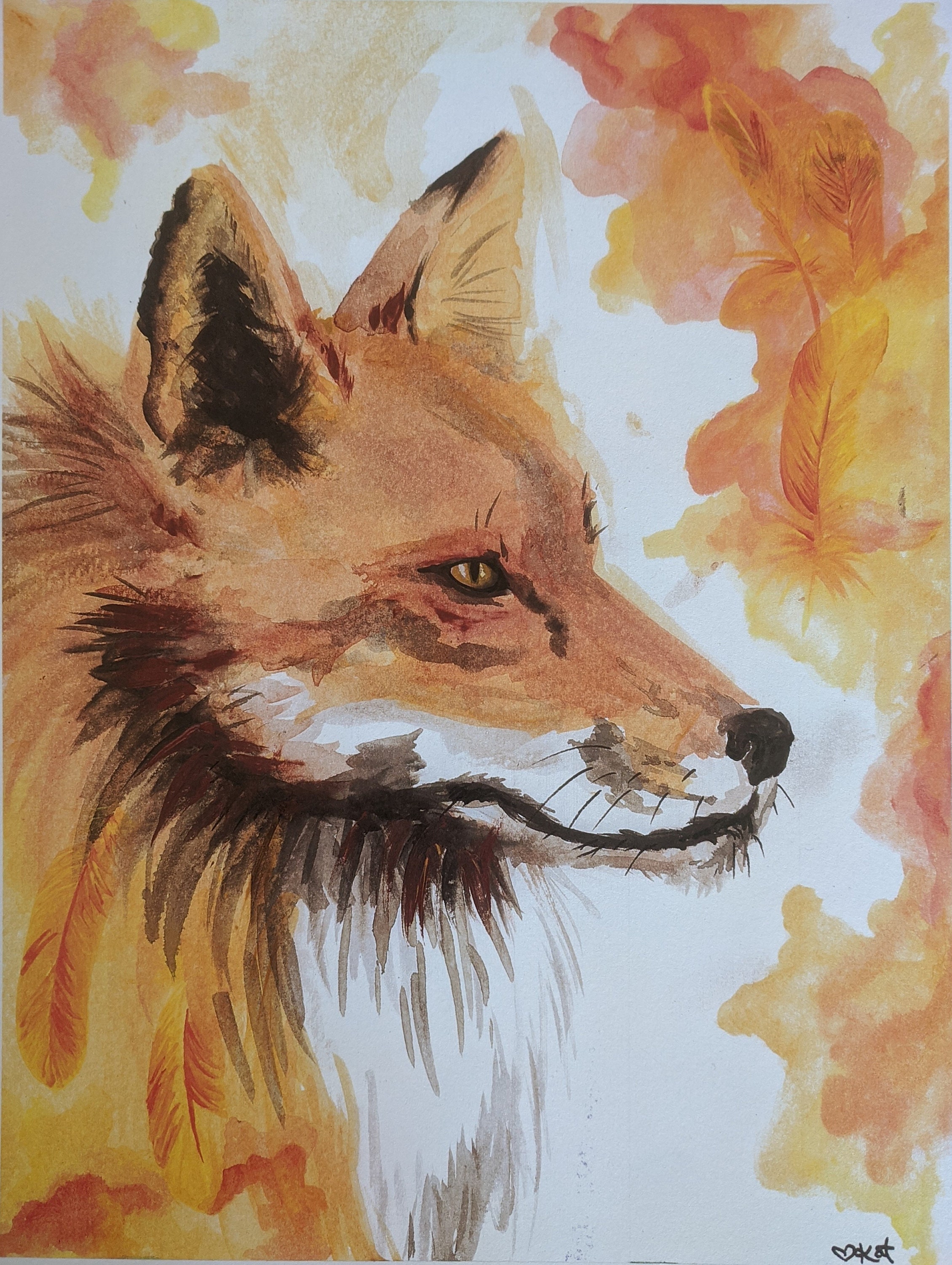 8.5x11 print with tribal feathers Fox Watercolor