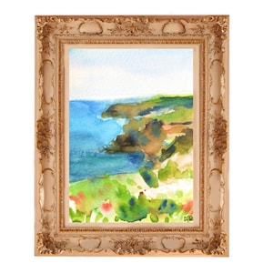 costa del mare, paesaggio marino, arte di viaggio, cartolina dipinta regalo bellissima costa arredamento moderno dipinto di mare spiaggia con fiori, estate al mare