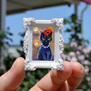 gatto nero con fiore rosso dipinto gatto Gatto bianco e nero arte originale. mini dipinto gatto con cornice bianca, mini dipinto gatto amante degli animali domestici