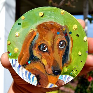 dachshund portrait, dachshund dog original oil painting, dog oil portrait, pets wall art round artworc 4x4 inches, modern art colorful decor