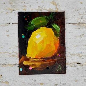 Mini cuadro de limón de 3 x 2 pulgadas, arte original, cuadro pequeño de limón, arte impresionista moderno, arte de frutas para la cocina