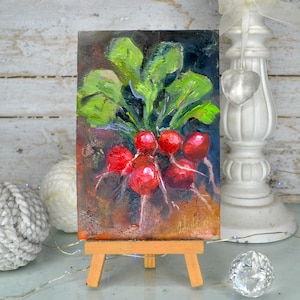 Rábanos, pintura al óleo original de cocina pintada a mano, pintura al óleo original, arte de nutrición alimentaria, arte botánico, decoración de rábanos de cocina, verduras.