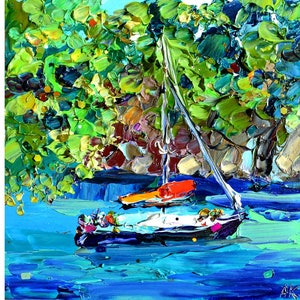 original art sea decor, trees on the beach, original sea art, tropical beach, crone of the palm, ocean decor, boat painting