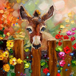 custom donkey with flowers, cute donkey wall art donkey art original painting, animals art, farm animals, art donkey lover gift