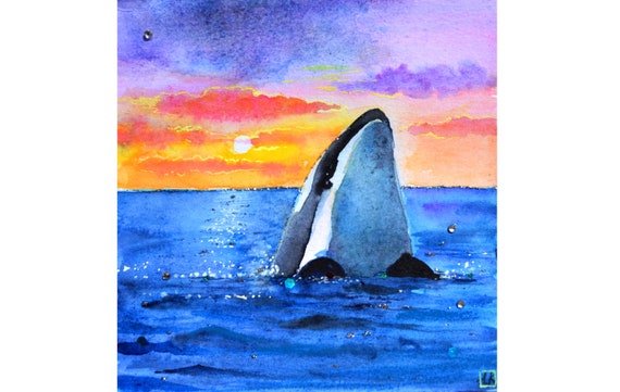 クジラの水彩画、シャチのオリジナル水彩画、海の装飾のクジラアート