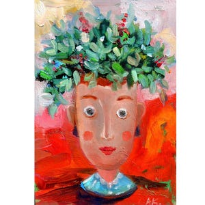 Jarrón con cara, mujer jarrón con flores, cabeza marrón oscuro arte siciliano, cabeza jarrón con flores pintura al óleo original