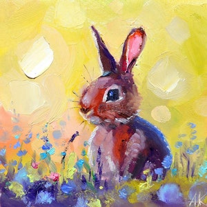 rabbit art Hare painting, original hare art, hare with flowers, nature decor flora and fauna art, woodland animals wall art Forest animals