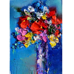 vase with flowers, abstract art floral original oil painting art, red flowers with electric blue background, deep blue decor, wall souvenir