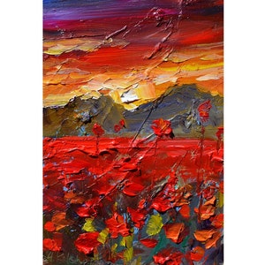 campo con flores rojas, paisaje de amapolas, pintura al óleo original flores amapolas rojas, tranto con campo de flores