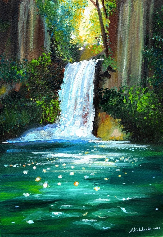 Waterfall Landscape Art, Twin Peaks Waterfalls, Clear Water
