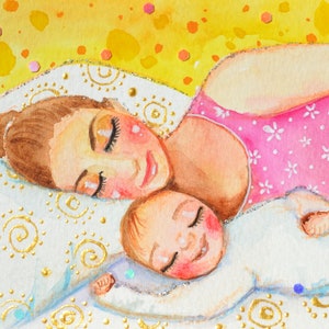 arte ad acquerello originale per mamma e bambino, dolce maternità, mamma dorme con il figlio piccolo, essere mamma, regalo per la giovane madre, nascita del bambino
