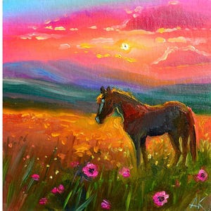 cheval au coucher du soleil, paysage avec cheval cheval brun avec tache blanche, art mural cheval, décoration animalière, art abstrait, art moderne cheval arabe