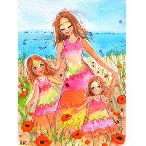 mom with two daughters, family art, motherhood illustration, two sisters joyful watercolor kids illustration baby girl room art gift for mom