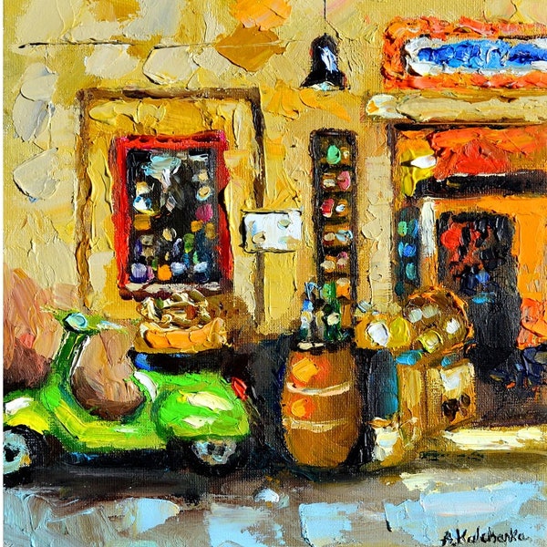 shop window original art, green vespa, village kiosk, wine shop, narrow streets, rustic houses, urban art jams, showcase art, food painting