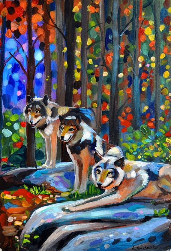 Wolf Pack Art, Colorful Forest With Wolves, Original Wolf