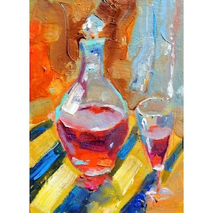 Jarra con vino, pintura al óleo original de cocina, pintura al óleo original, arte de nutrición alimentaria, vaso con vino tinto, arte impresionista, arte de cocina