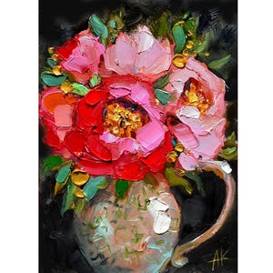 Pintura de flores de peonía rosa original, 4,1 x 5,5 pulgadas, arte original, imagen de flor rosa, arte moderno, flores, peonía rosa vibrante