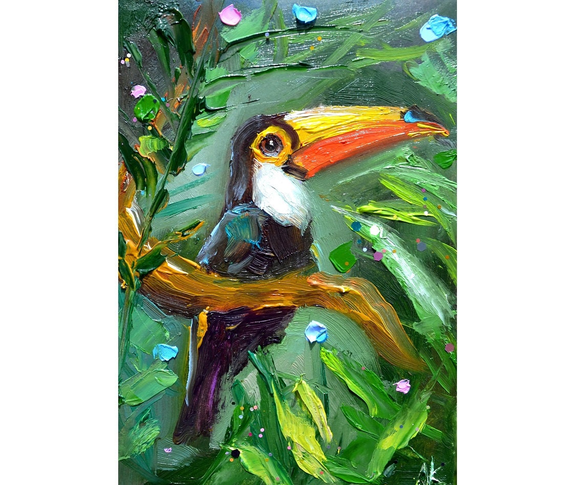 オオハシの絵画、鳥の装飾オオハシオリジナルの鳥のアートワークミニ