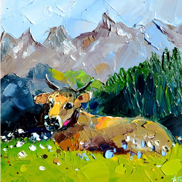 vache des Alpes vache sur le pré, paysage dans les montagnes, dolomite, paysage des Alpes, décor de taureau, art mural de taureau animaux de ferme peinture à l'huile