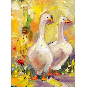 Pintura de dos pájaros gansos, arte al óleo original, decoración de gansos, arte moderno, arte de animales de pollo