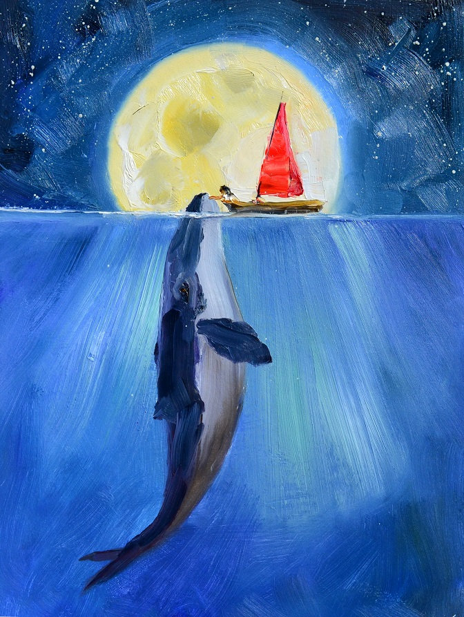 クジラと月の絵画、ボートに乗ったオリジナルアートのクジラ、クジラの